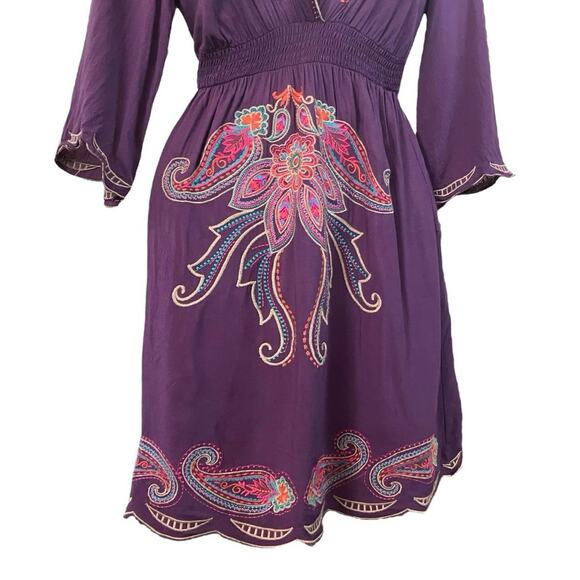Flying Tomato Women's Plum Woven Smocked Waist Embroidered Mini Dress Boho SZ S - Picture 3 of 10